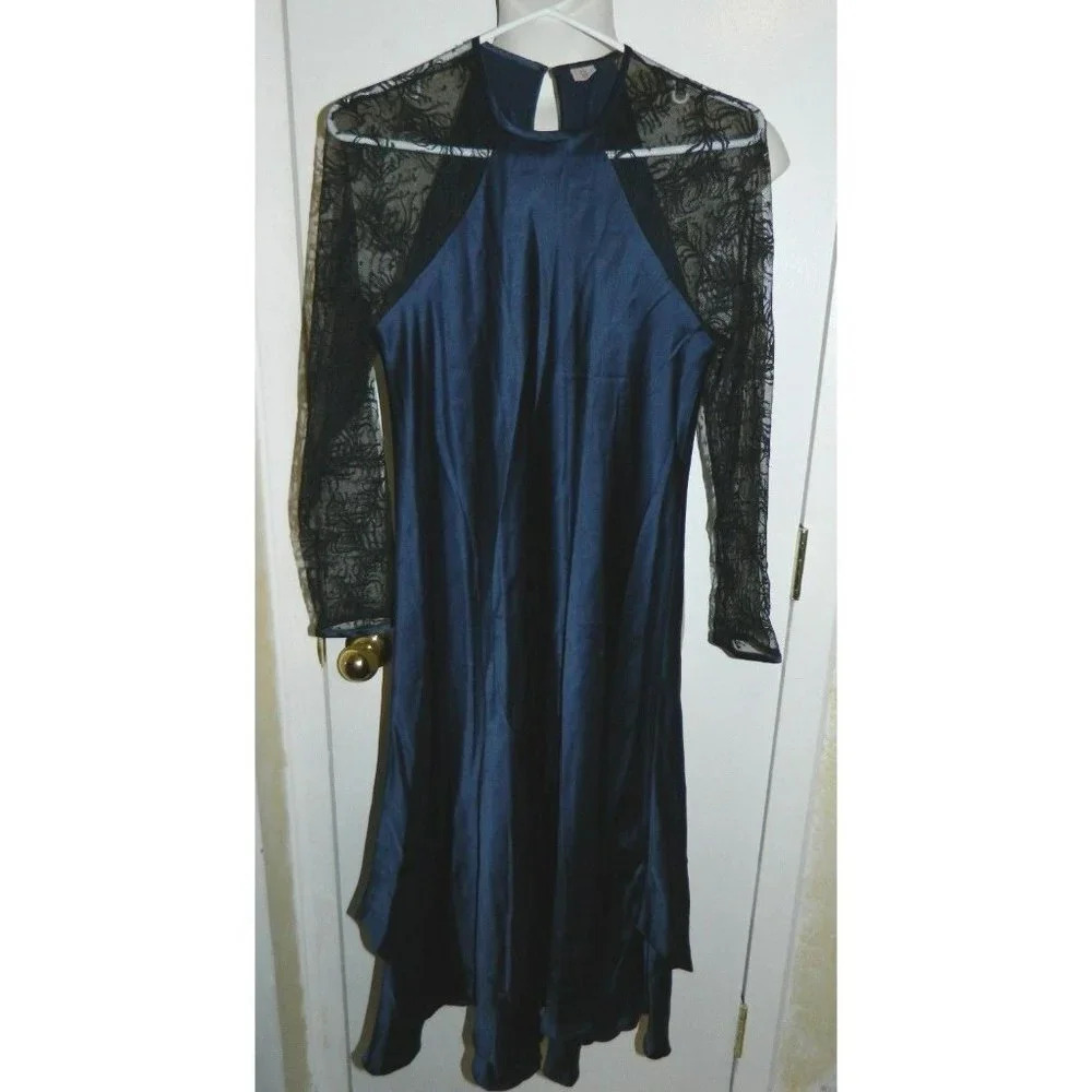 VTG SAO Navy Blue Black Silk Lace Dress Formal Evening Size 8 Made in USA